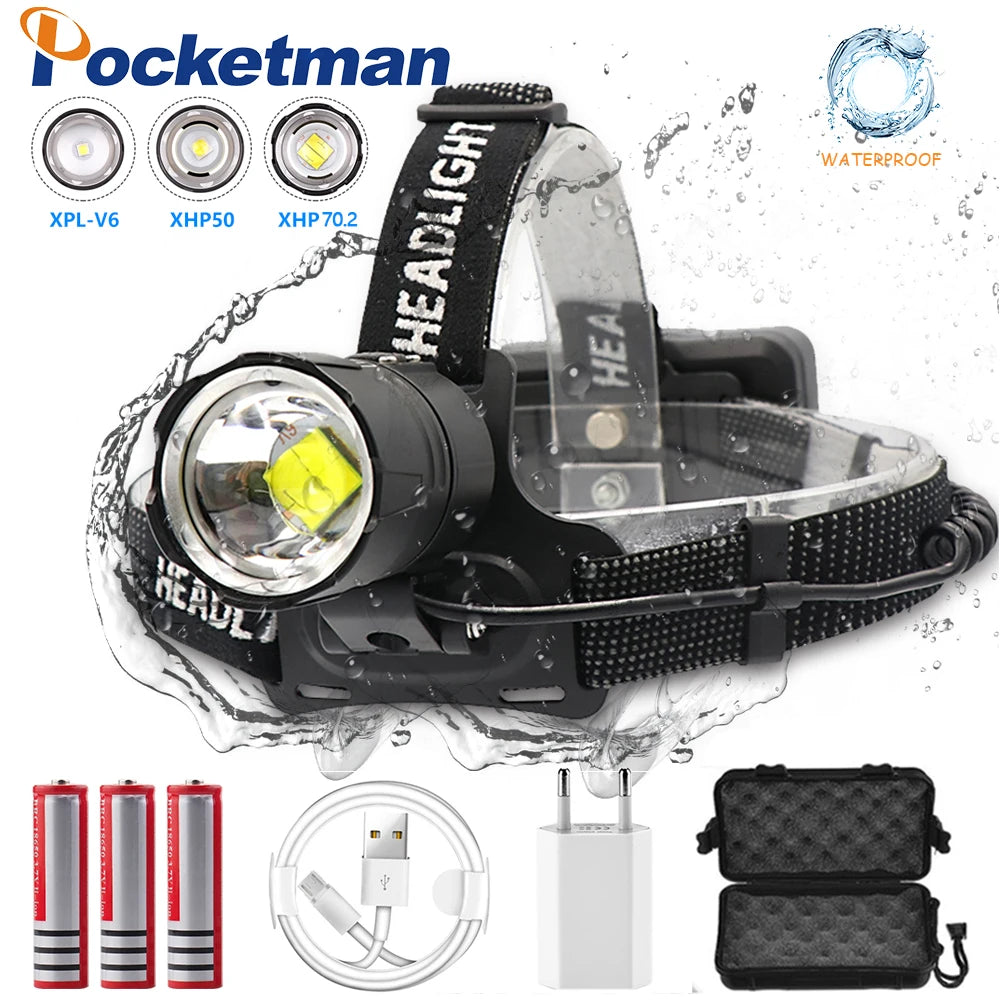 7000 Lumen XHP-70.2 led Headlamp Fishing Camping headlight High Power lantern Head Lamp Zoomable USB Torches Flashlight 18650