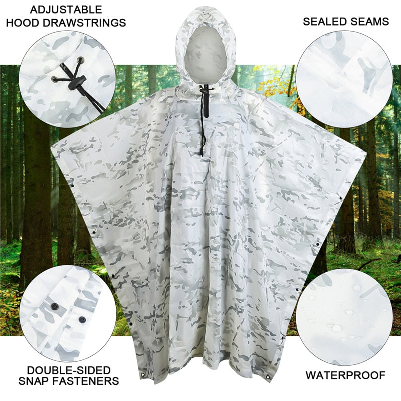 Outdoor Hooded Breathable Rainwear Camo Poncho Army Tactical Raincoat Camping Hiking Hunting Birdwatching Suit Travel Rain Gears