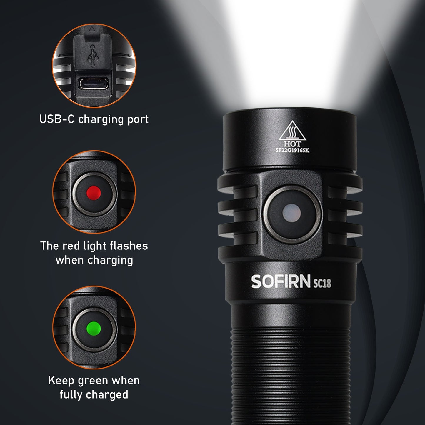 Sofirn SC18 1800lm EDC Flashlight USB C Rechargeable SST40 LED 18650 Torch TIR Optics Lens Lantern with Power indicator