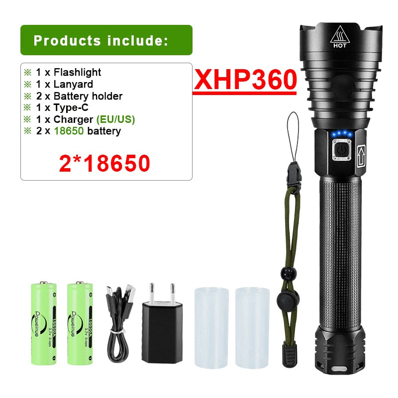 XHP360 Led Flashlight 18650 Rechargeable Torch Usb Powerful Tactical Flash Light Zoomable Hunting Lantern Waterproof Hand Lamp