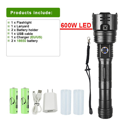 1000000LM 600W LED Powerful Flashlight USB Recharge Flash Light 12000MAh  LED Flashlight Zoom Tactical Lantern Long Shot Torch