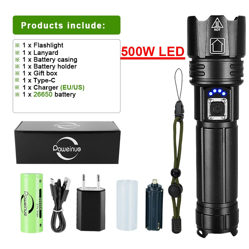 1000000LM 600W LED Powerful Flashlight USB Recharge Flash Light 12000MAh  LED Flashlight Zoom Tactical Lantern Long Shot Torch