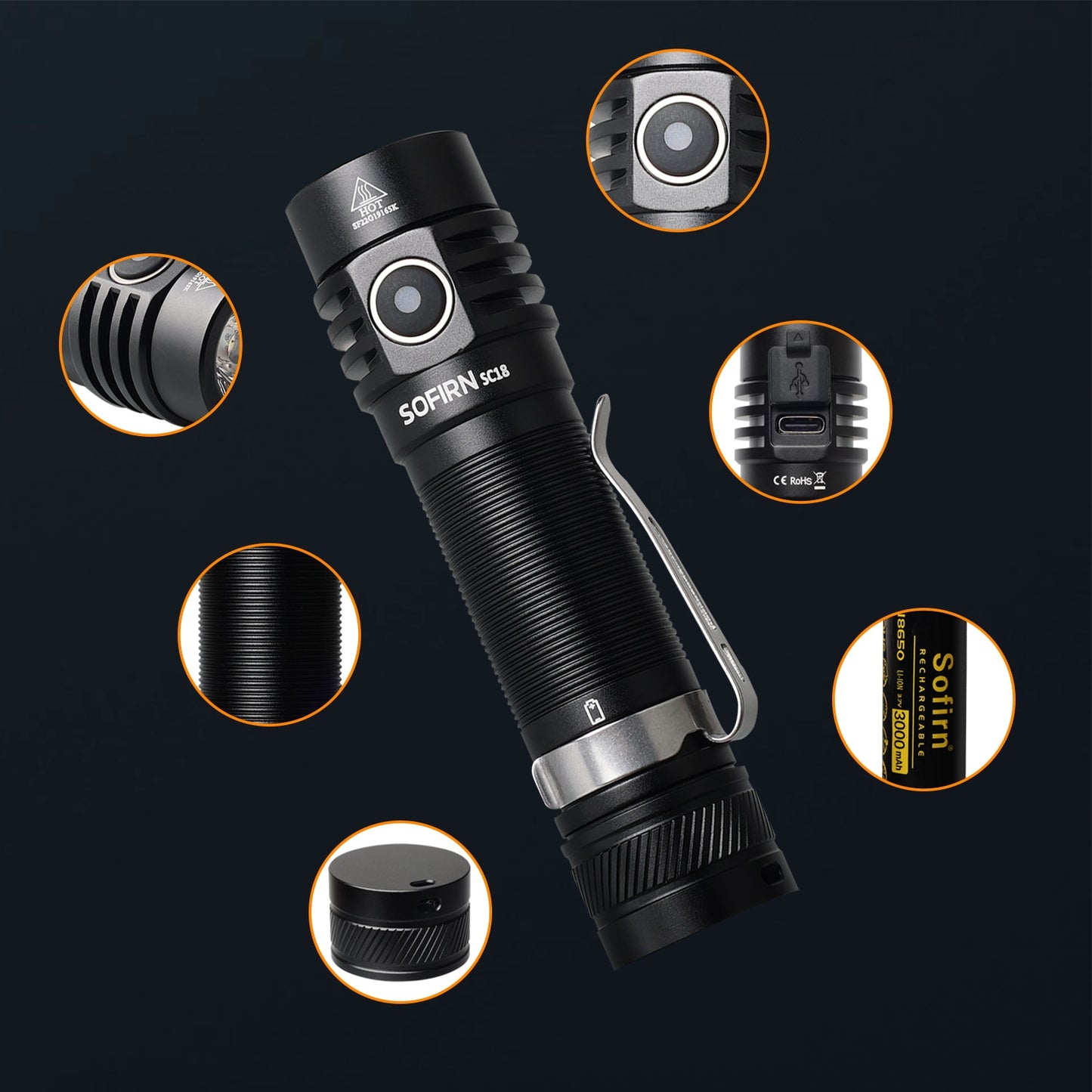 Sofirn SC18 1800lm EDC Flashlight USB C Rechargeable SST40 LED 18650 Torch TIR Optics Lens Lantern with Power indicator