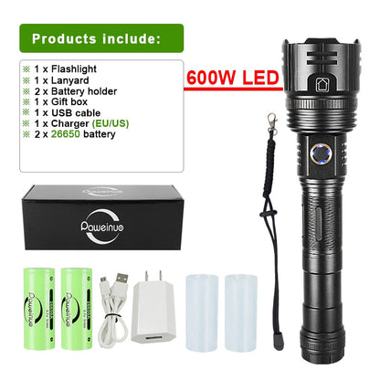 1000000LM 600W LED Powerful Flashlight USB Recharge Flash Light 12000MAh  LED Flashlight Zoom Tactical Lantern Long Shot Torch