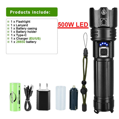 1000000LM 600W LED Powerful Flashlight USB Recharge Flash Light 12000MAh  LED Flashlight Zoom Tactical Lantern Long Shot Torch