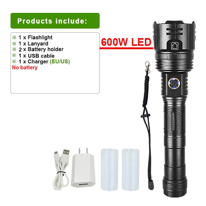 1000000LM 600W LED Powerful Flashlight USB Recharge Flash Light 12000MAh  LED Flashlight Zoom Tactical Lantern Long Shot Torch