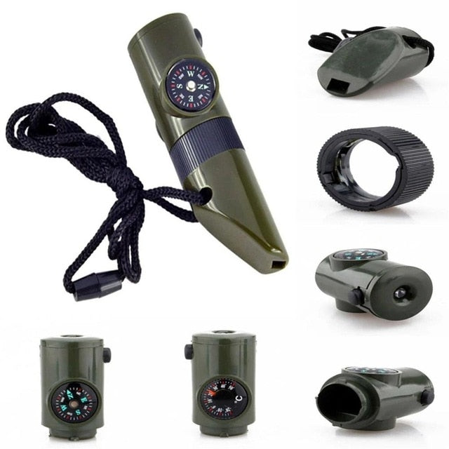 7 In 1 Whistle Survival Bushcraft Trekking Whistle Compass Mirror Torch Magnifier Led Light Thermometer Storage Compass Tools